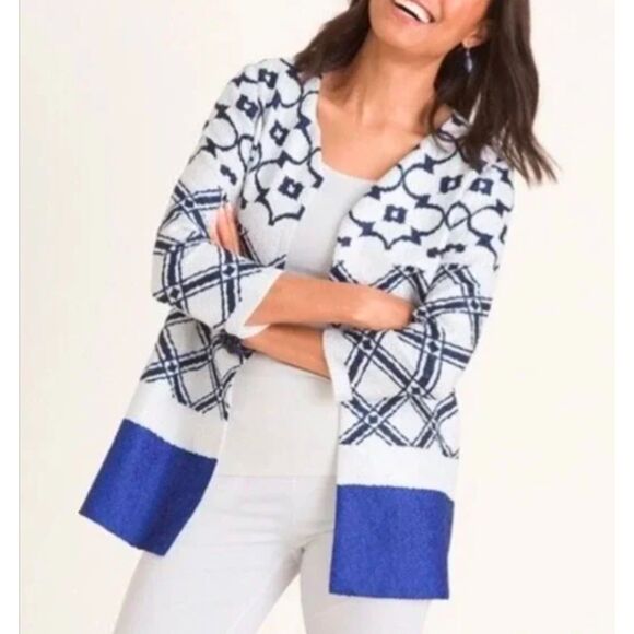 CHICO'S TRAVELERS Moroccan Crushed Open-Front Cardigan Jacket Artsy Boho 12/14 - Picture 2 of 10